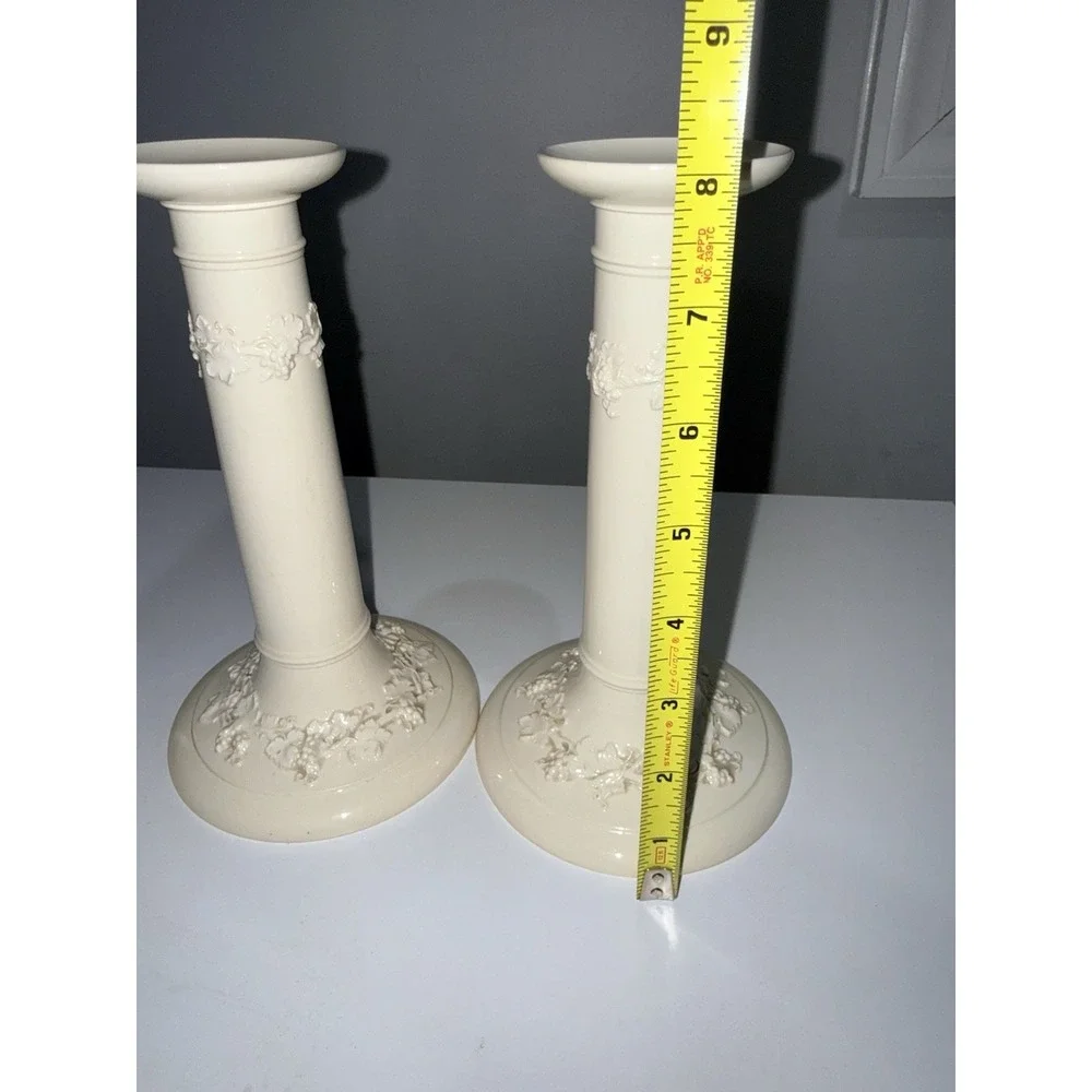 Wedgwood Embossed Queensware PAIR of 8 1/4 in. candlesticks cream‎ on cream